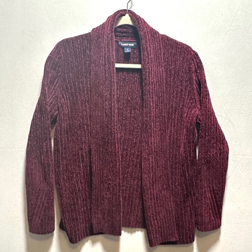 Lands' End Burgundy Chenille Open-Front Cardigan • Small S Soft Ribbed Knit